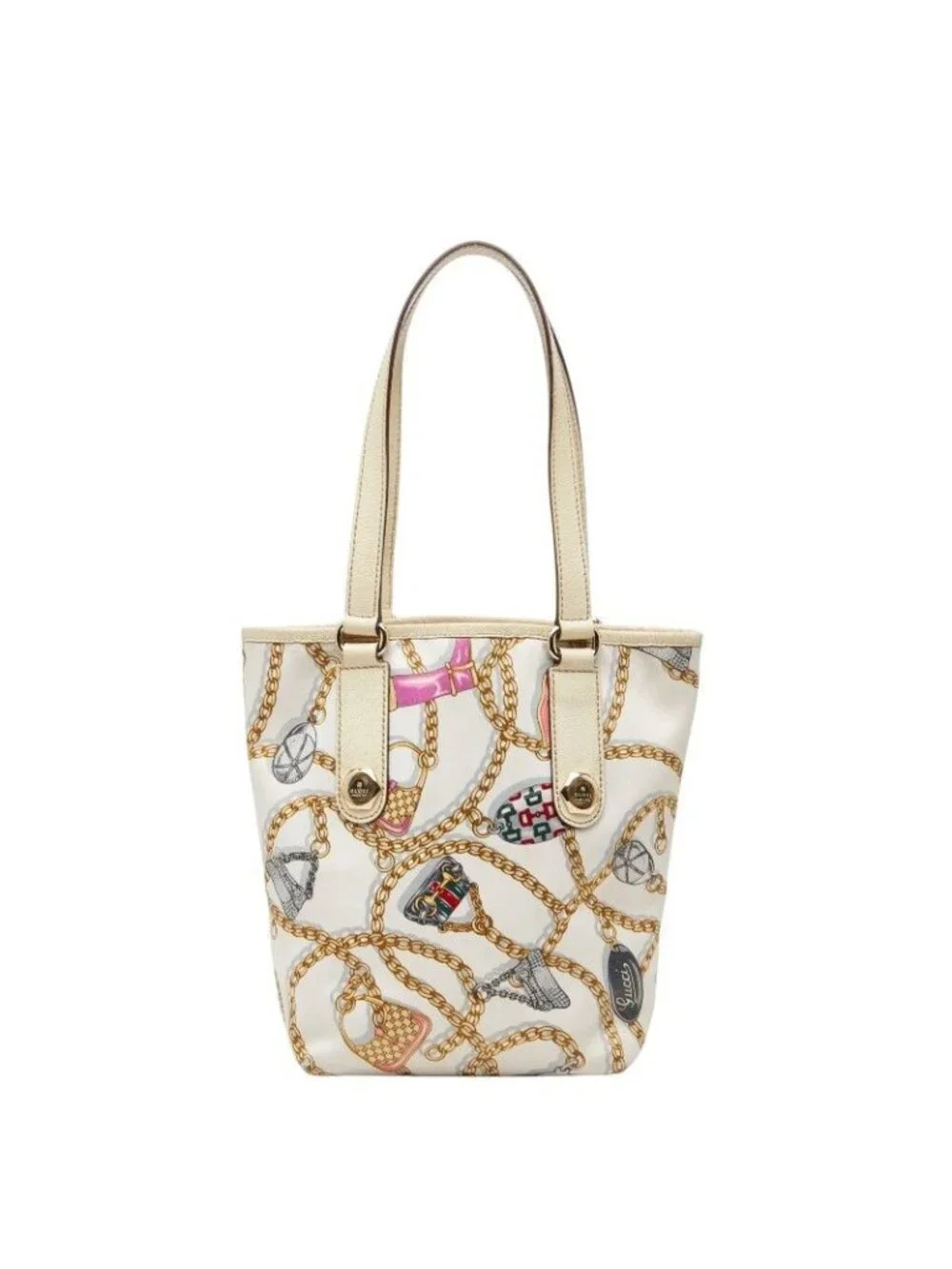 Gucci Logo Chain Motif Mini Tote White Multicolor Nylon Leather
